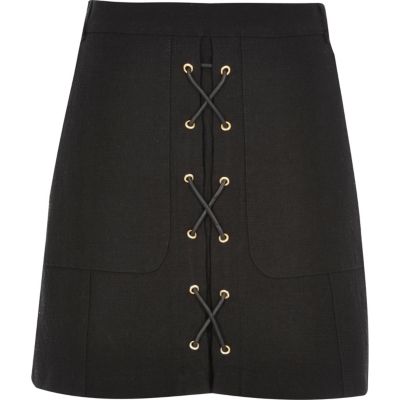 Black lace-up mini skirt